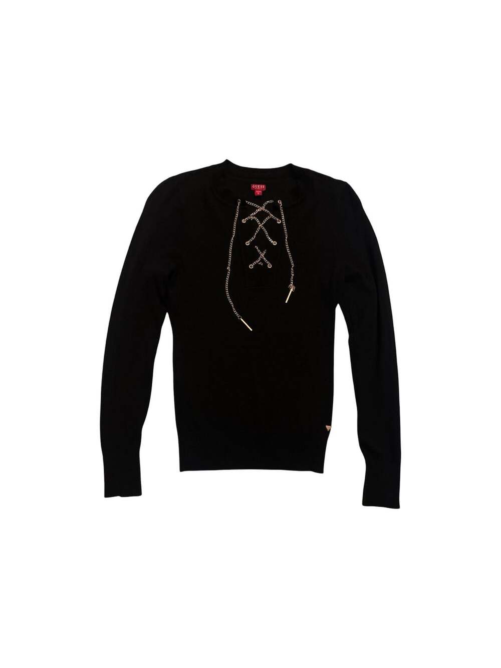 Guess Los Angeles Sweater Size S Black Gold Chain Lace-Up Knit Top